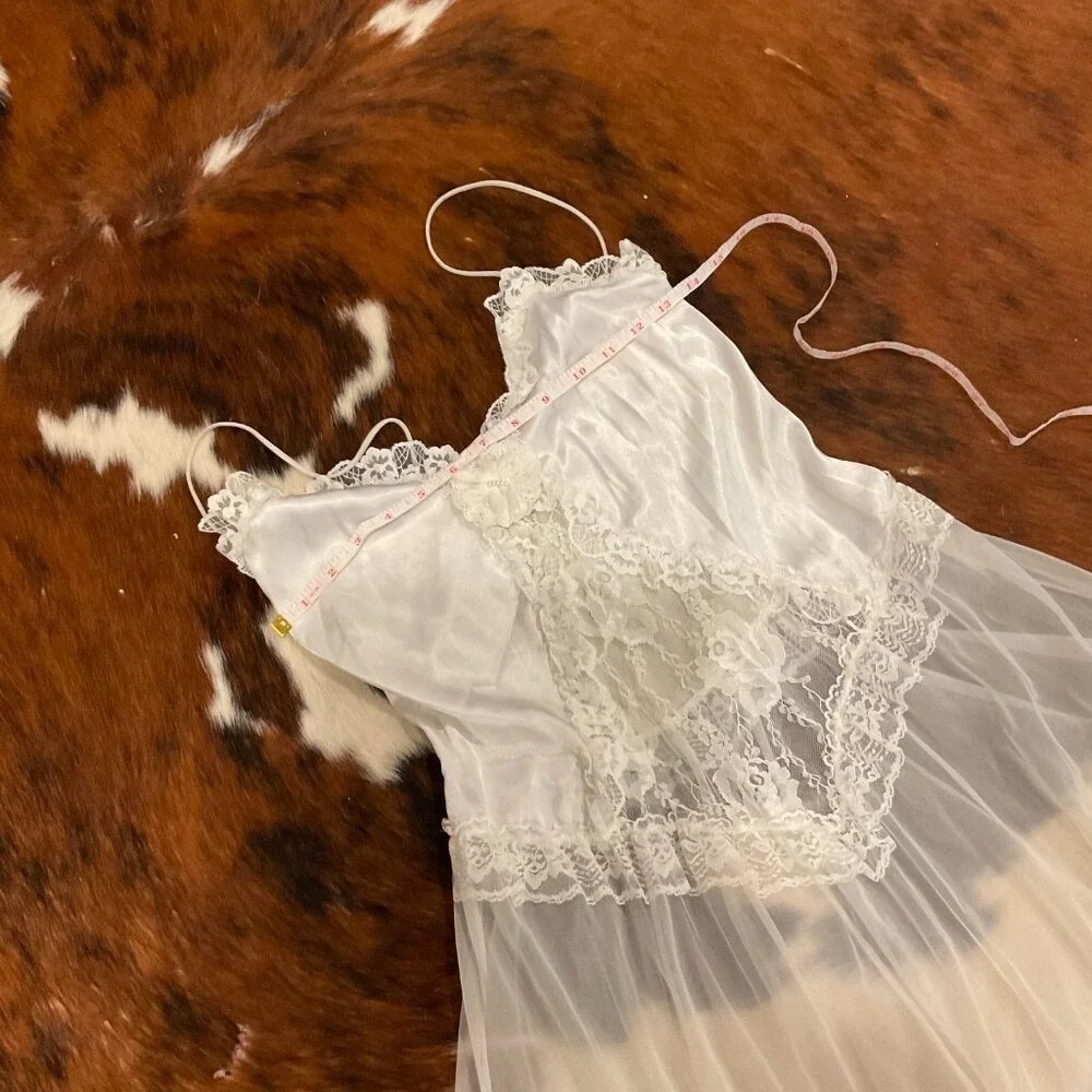 Vintage Sheer Lace Floral Lingerie dress Gown bridal ruffle coquette M White - Picture 6 of 7